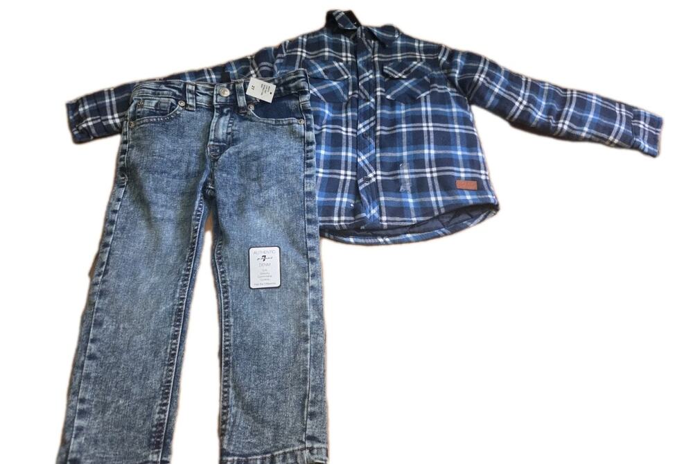 7 for all mankind Flannel Shacket & Denim Jeans Set Sz 2t Nwts